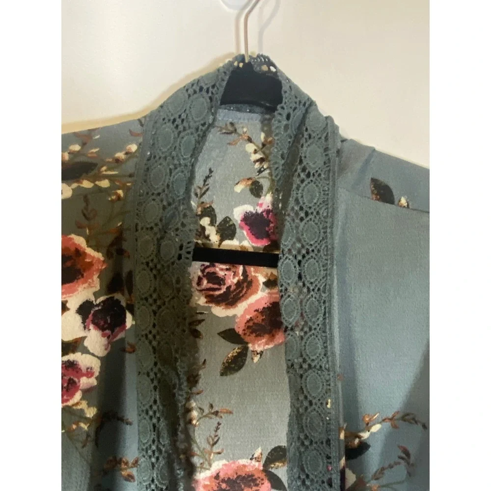 Dusty Blue‎ Floral Lace Trim Kimono Cardigan Bell Sleeve Boho Cottagecore L